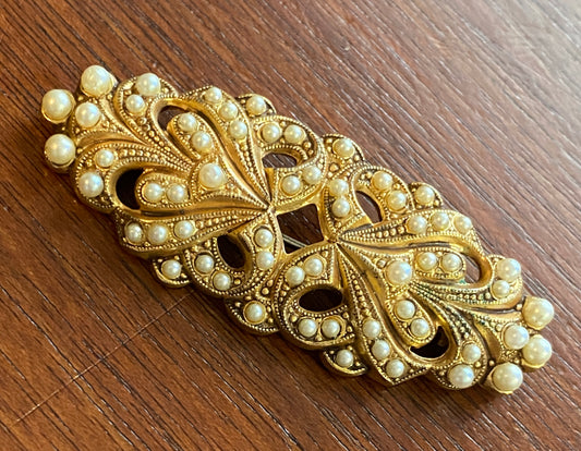 Vintage Gold Tone Seed Pearl Bar Brooch Pin Open Work