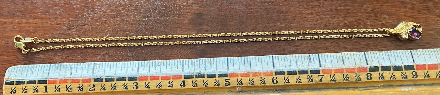 Vintage Avon Gold Tone Chain Link Necklace Purple CZ Pendant