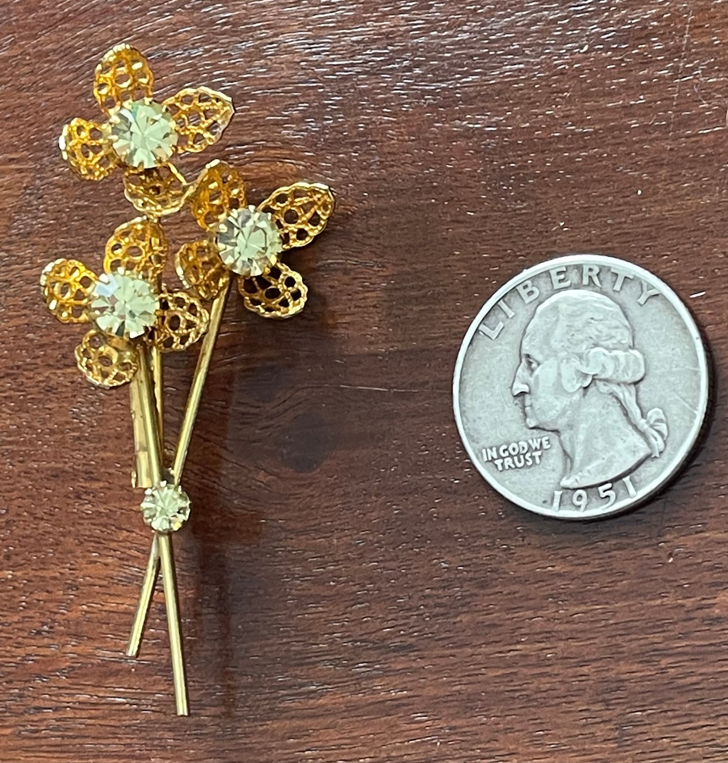 Vintage Gold Tone Metal Flower Brooch Pin w Green Rhinestones Stones