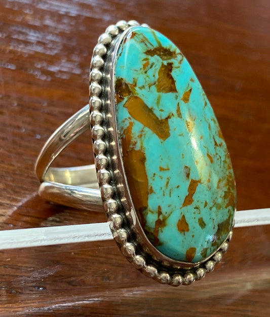 Signed M Lee Sterling Silver 925 LARGE Turquoise Ring Sz 6 Bead Edge