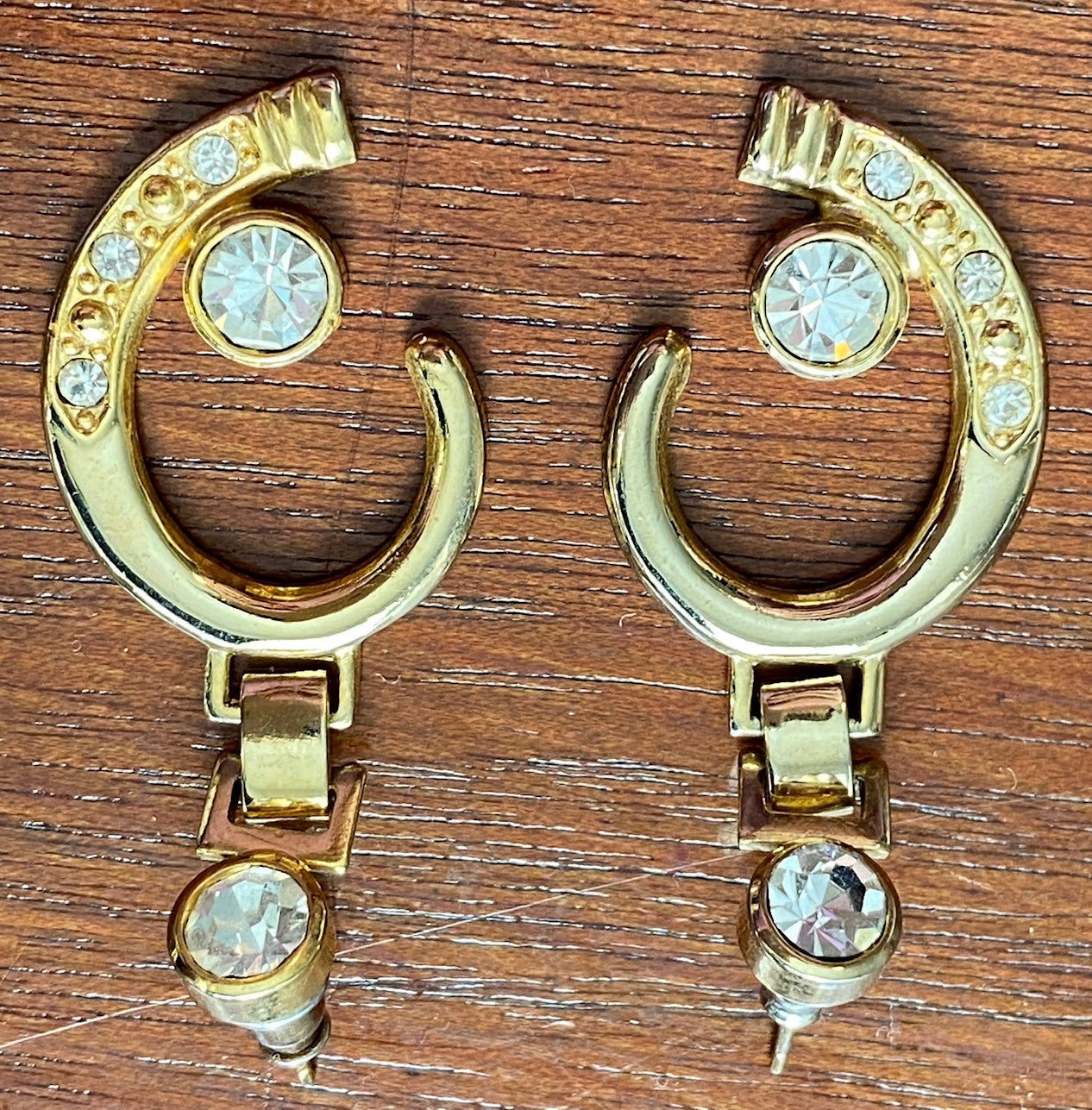 Vintage 80's Gold Tone Rhinestone Drop Dangly Pierced Earrings