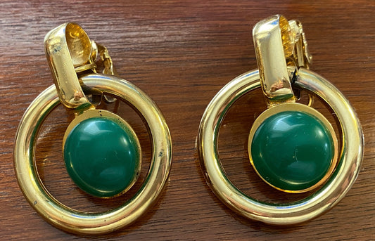 Vintage Large Gold Tone Metal Door Knocker Clip on Earrings Faux Green Stone