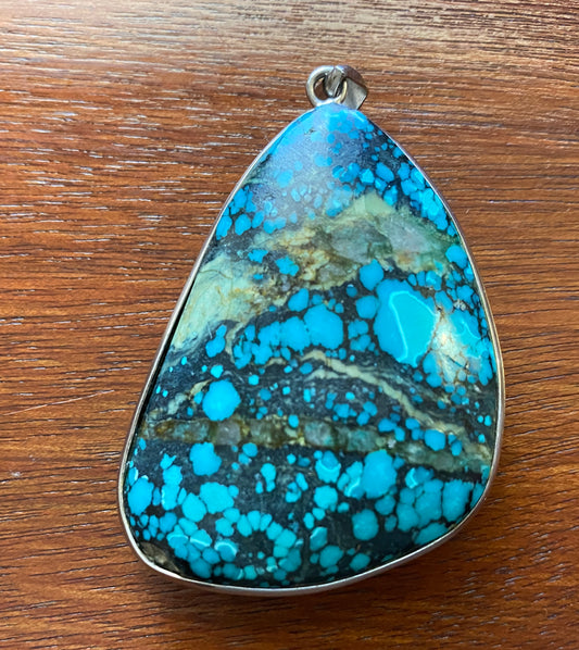 Sterling Silver 925 Large Blue Turquoise Wrapped Pendant Reversible