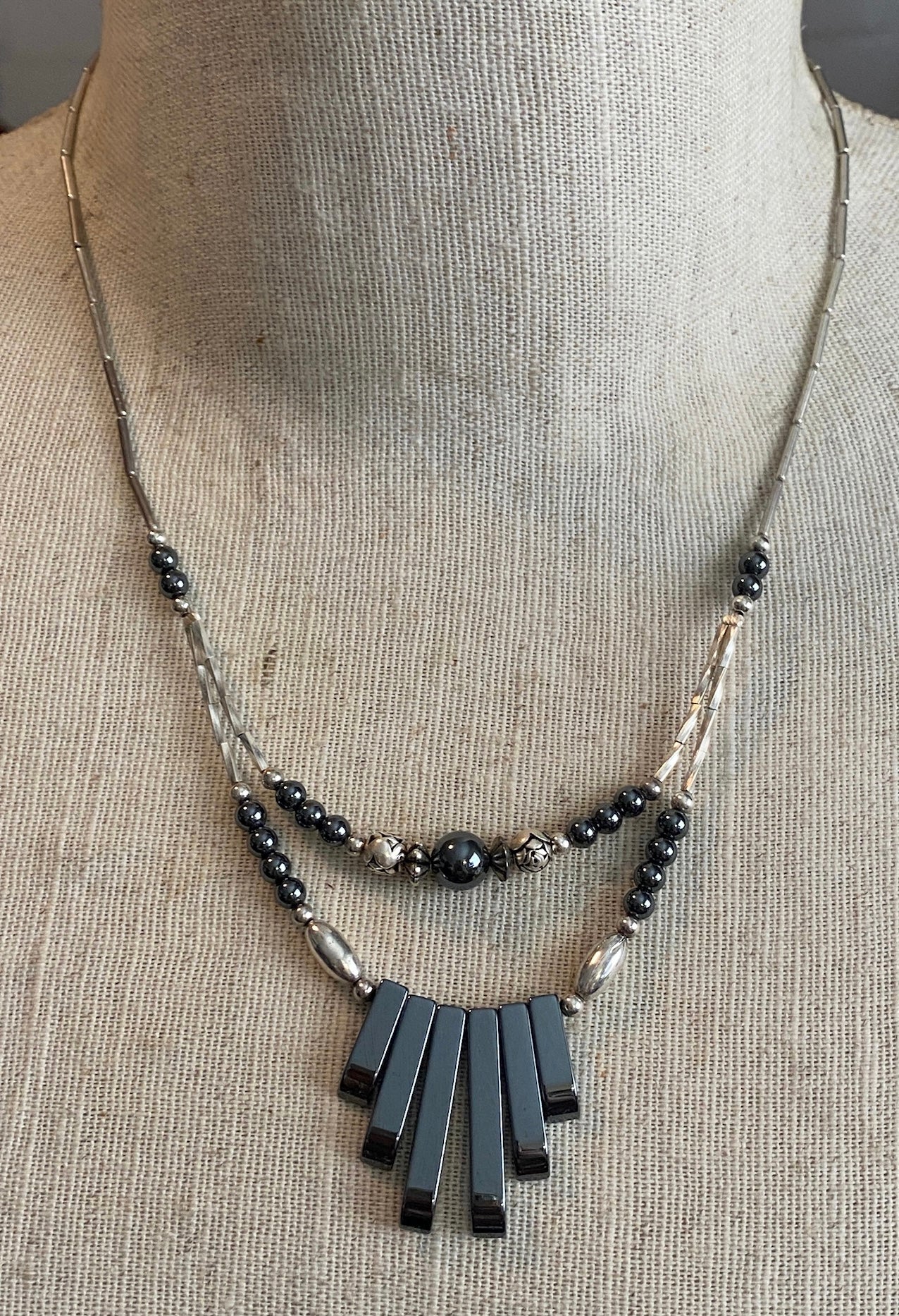 Hematite Silver Plate Bead Flower Collar Necklace