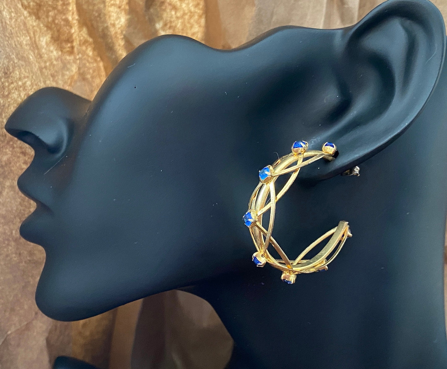 Vintage 80's Gold Tone Blue Rhinestone Half Hoop Pierced Earrings