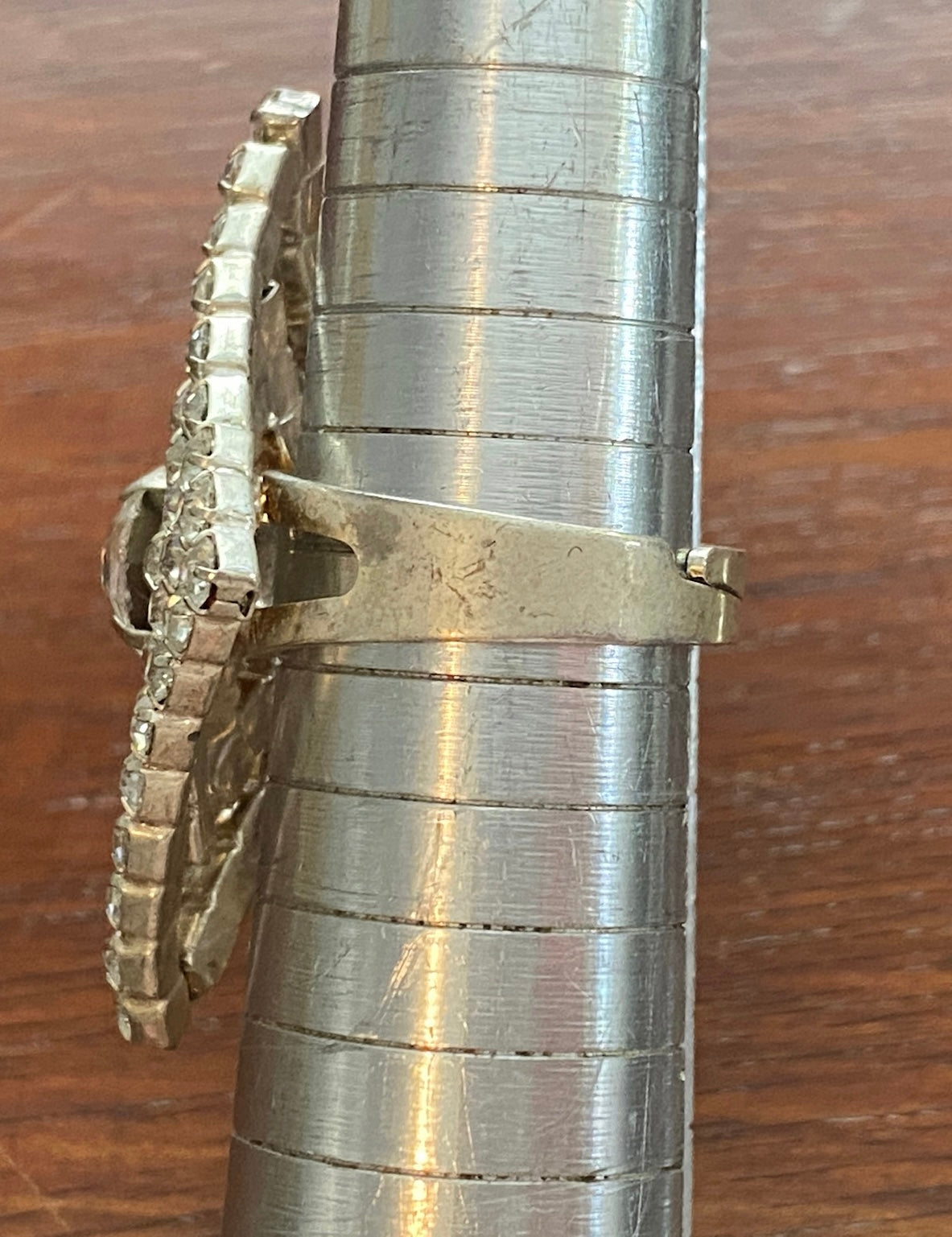 Vintage Silvertone Rhinestone Cocktail Ring Adjustable Sz 8