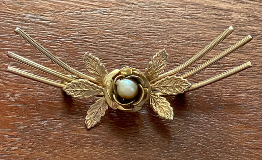 Vintage Gold Tone Brooch Pin Rose Leaf Faux Pearl