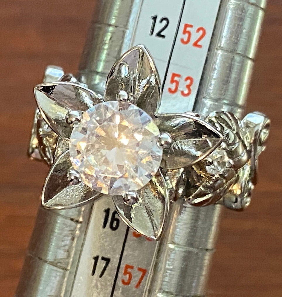 Sterling Silver Round CZ Solitaire Cocktail Flower Ring Sz 6.75