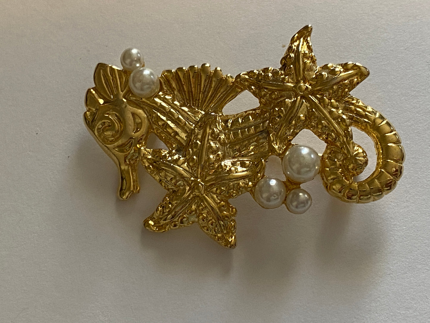 Vintage Seahorse Faux Pearl Starfish Gold Tone Metal Brooch Pin