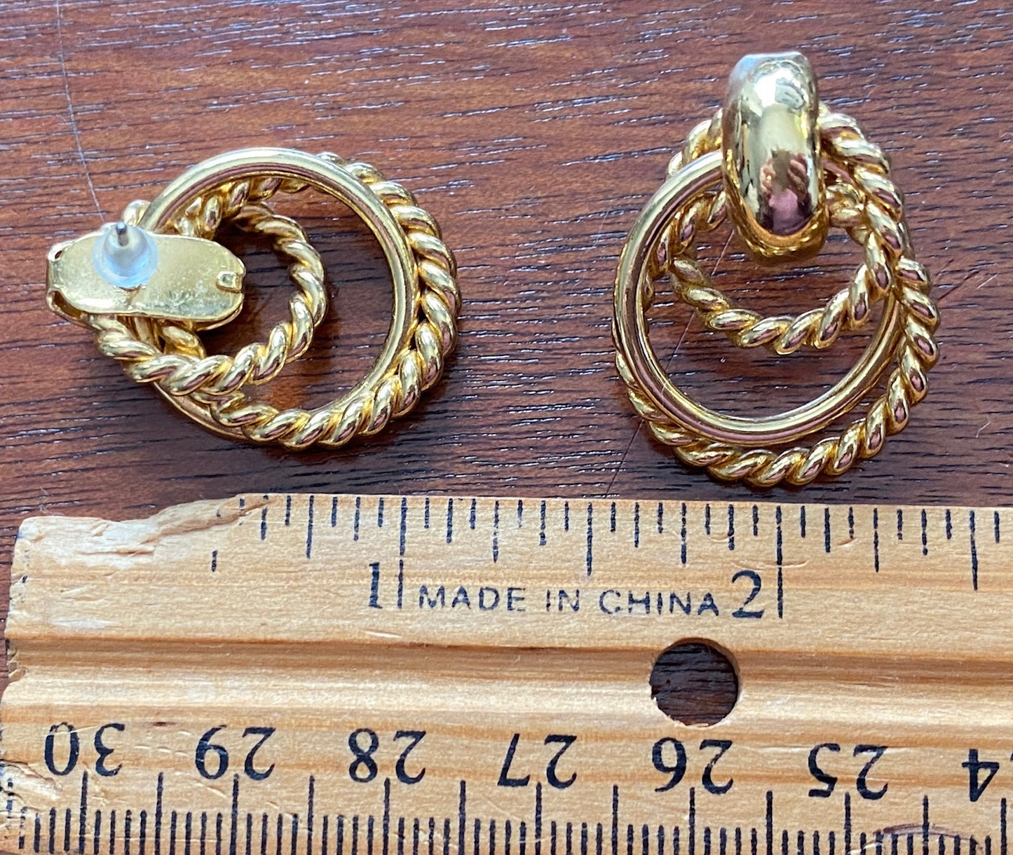 Vintage Gold Tone 80's Rope Twist Drop Pierced Earrings