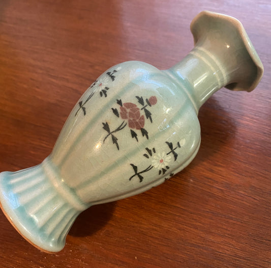 Vintage Signed Korean Celadon Painted Small Flower Vase