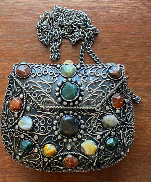 Vintage Sajai Metal Purse Handbag with Natural Agate Stones and Chain Strap