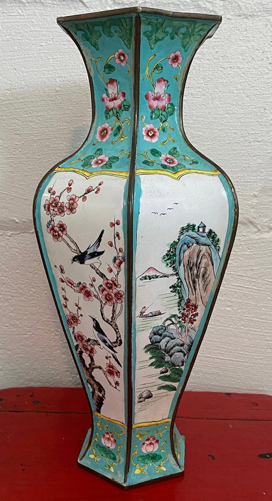 Vintage Chinese Cloisonne Enamel Over Copper 6 Paneled Vase Flowers Boats Birds