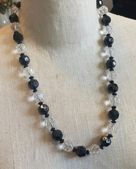 Vintage Style Large Faceted Bead Black Clear Necklace