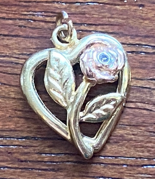 14k Yellow Rose Gold Diamond Chip Heart Rose Charm Pendant