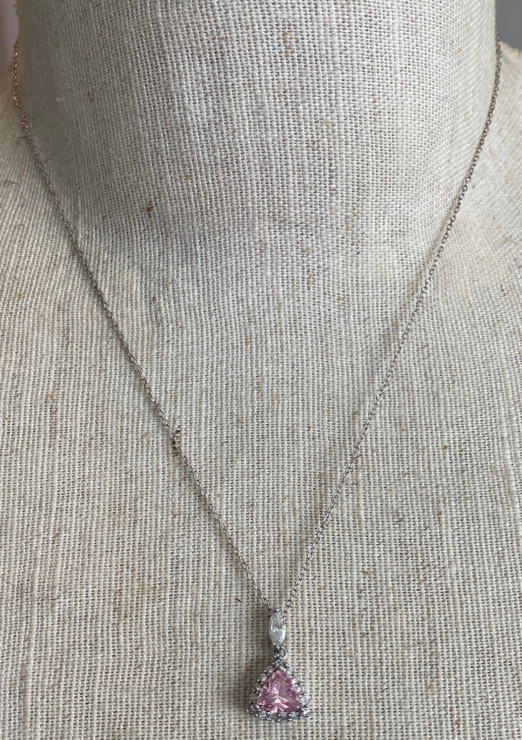Sterling Silver 925 Chain Pendant Necklace Trillion Cut Pink Clear Round CZ