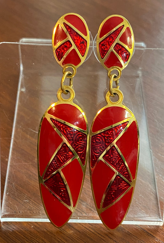 Gorgeous 80's Cherry Red Enamel Drop Dangle Pierced Earrings