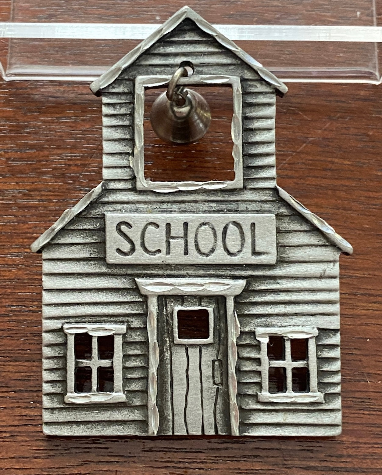 Vintage Signed JJ Pewter School House Bell Teacher Brooch Pin
