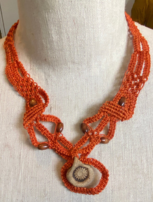 Set of 2 Orange Crochet Wood Bead Necklaces