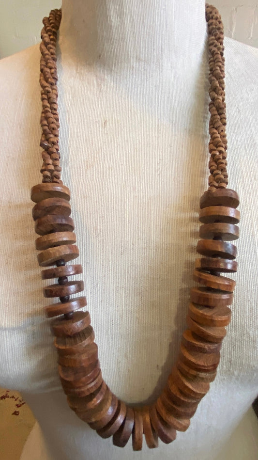 Vintage Wood Bead Disc Long Statement Necklace