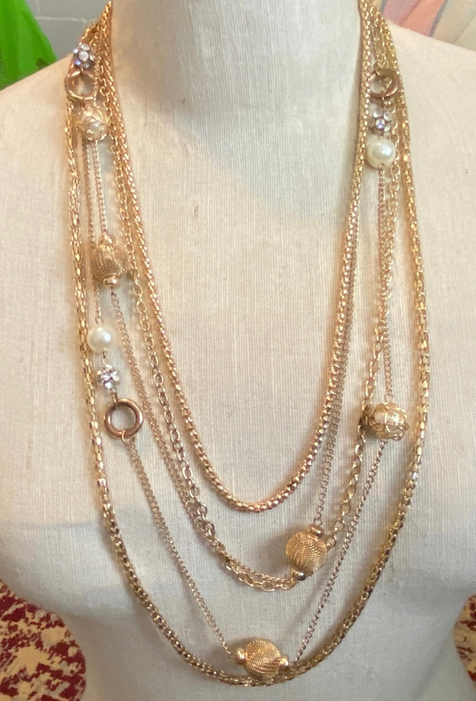 Vintage Multistrand Rhinestone Mesh Faux Pearl Cage Gold Tone Necklace