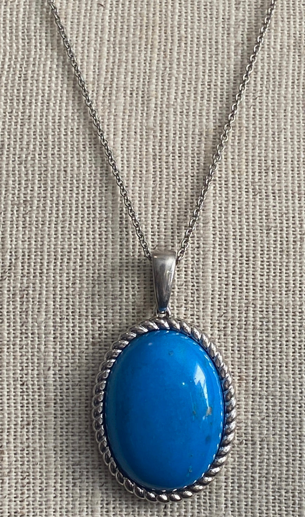 Sterling Silver Chain w Large Turquoise Cabochon Pendant Necklace