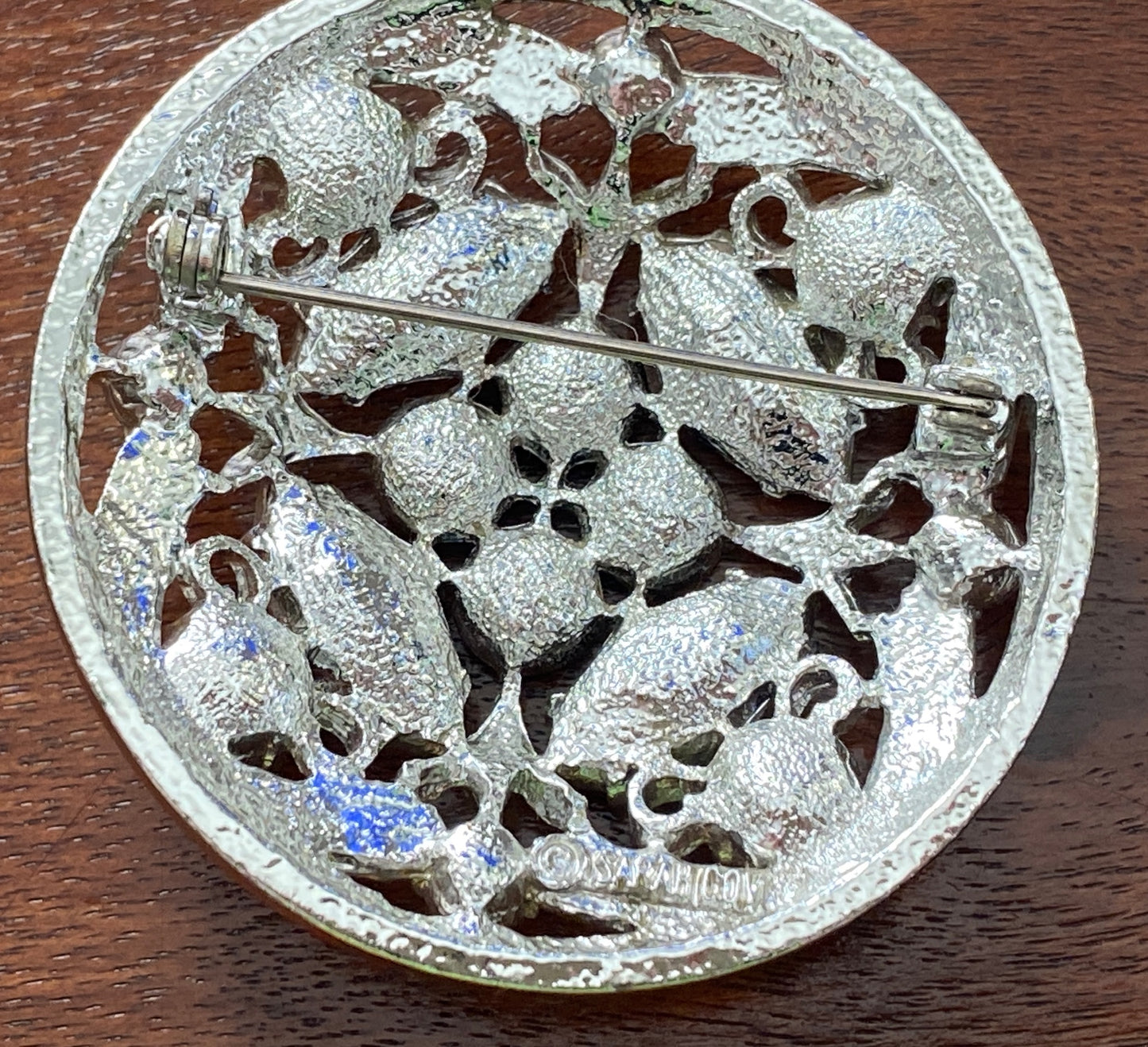 Vintage 70's Springtime Silver Tone Sarah Coventry Rhinestone Brooch Pin Large Round