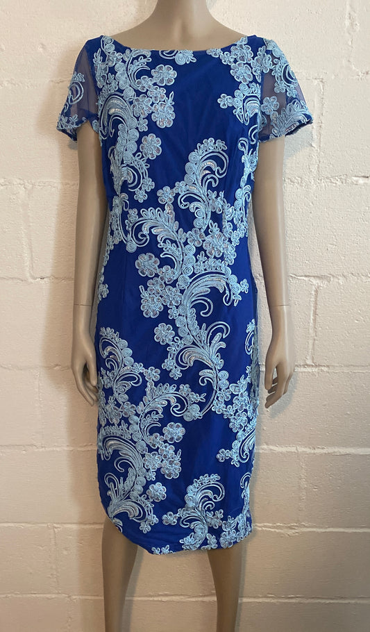 JS Collection Soutache Trim Embroidered Two Tone Blue Dress Sz 8