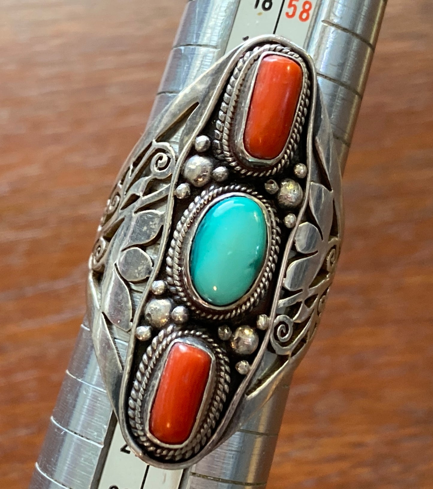 Sterling Silver 925 Turquoise Red Coral Statement Open Work Ring Sz 10.25