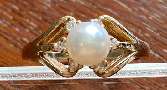 14k Yellow Gold 6mm Pearl Diamond Accent Ring Sz 6 Signed CF