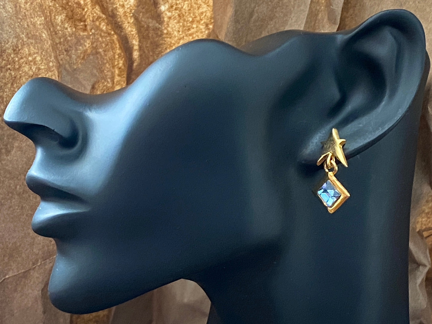 Vintage Gold Tone Star Blue Rhinestone Dangly Pierced Earrings