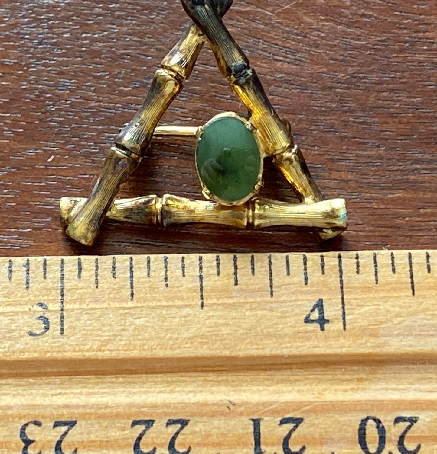 Vintage 1940s Wells Sterling Silver 925 Gold Plate Jade Cabochon Bamboo Brooch Pin
