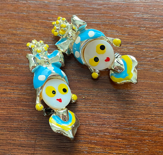 Set of 2 Small Painted Gold Tone Clown Lady Brooch Pin Polka Dots