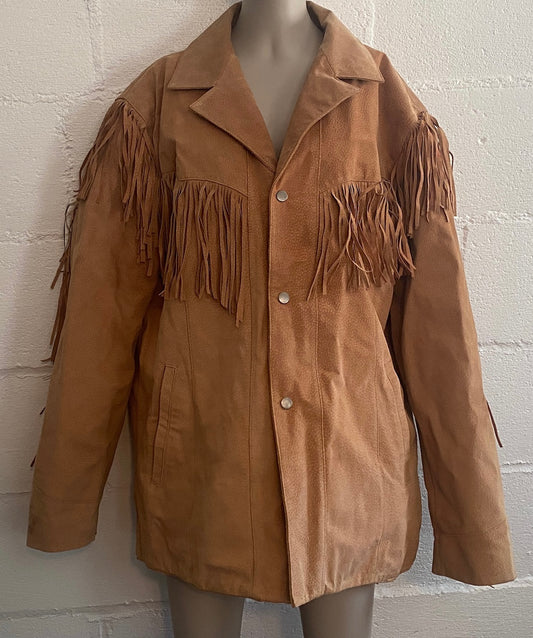 Vintage Excelled Western Suede Leather Coat Fringe Snap Closure Jacket Sz L