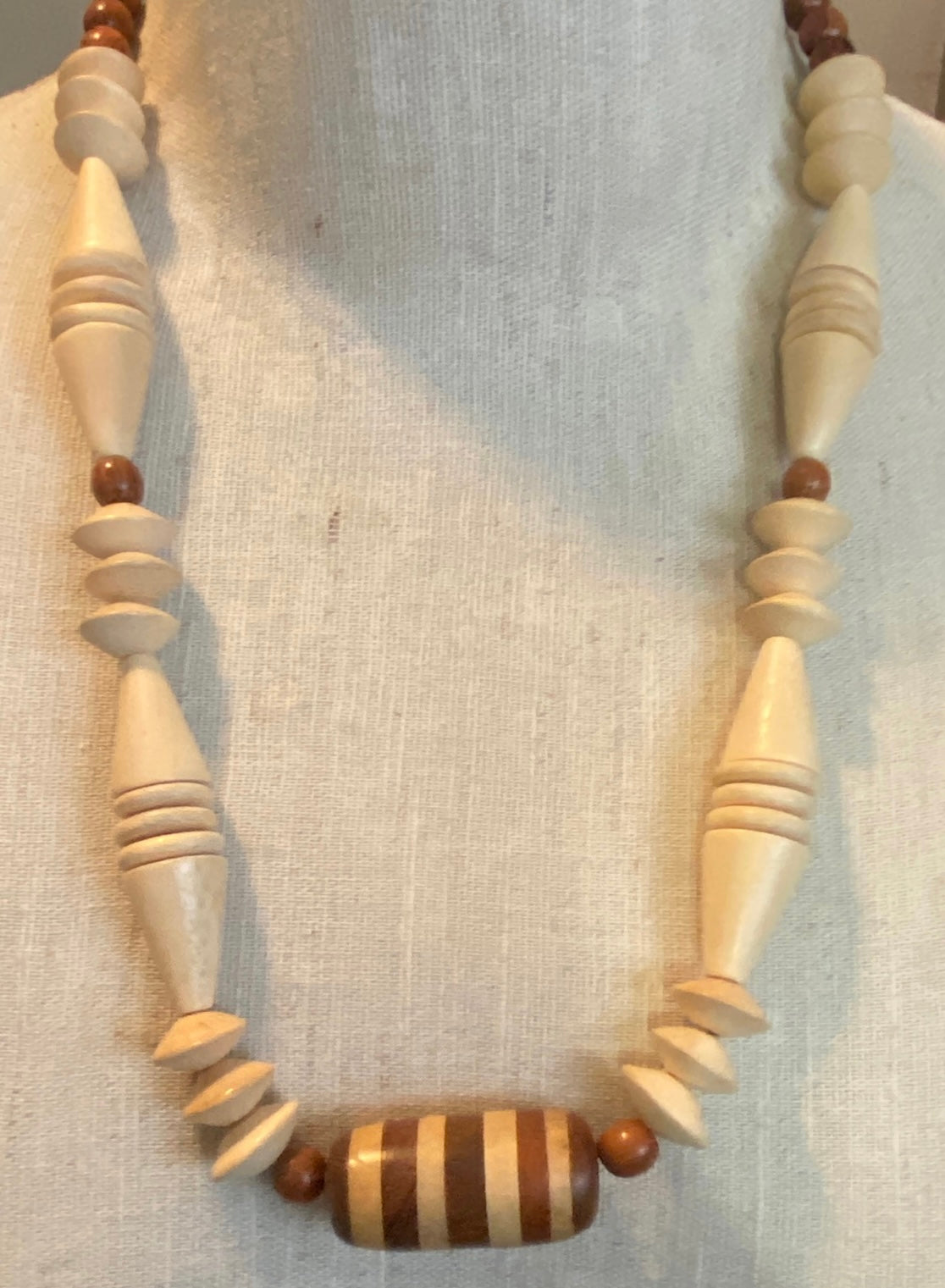 Vintage Striped Wood Bead Carved Single Strand Necklace