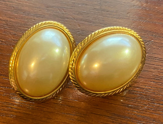 Vintage Napier Faux Pearl Cabochon Gold Tone Domed Pierced Earrings