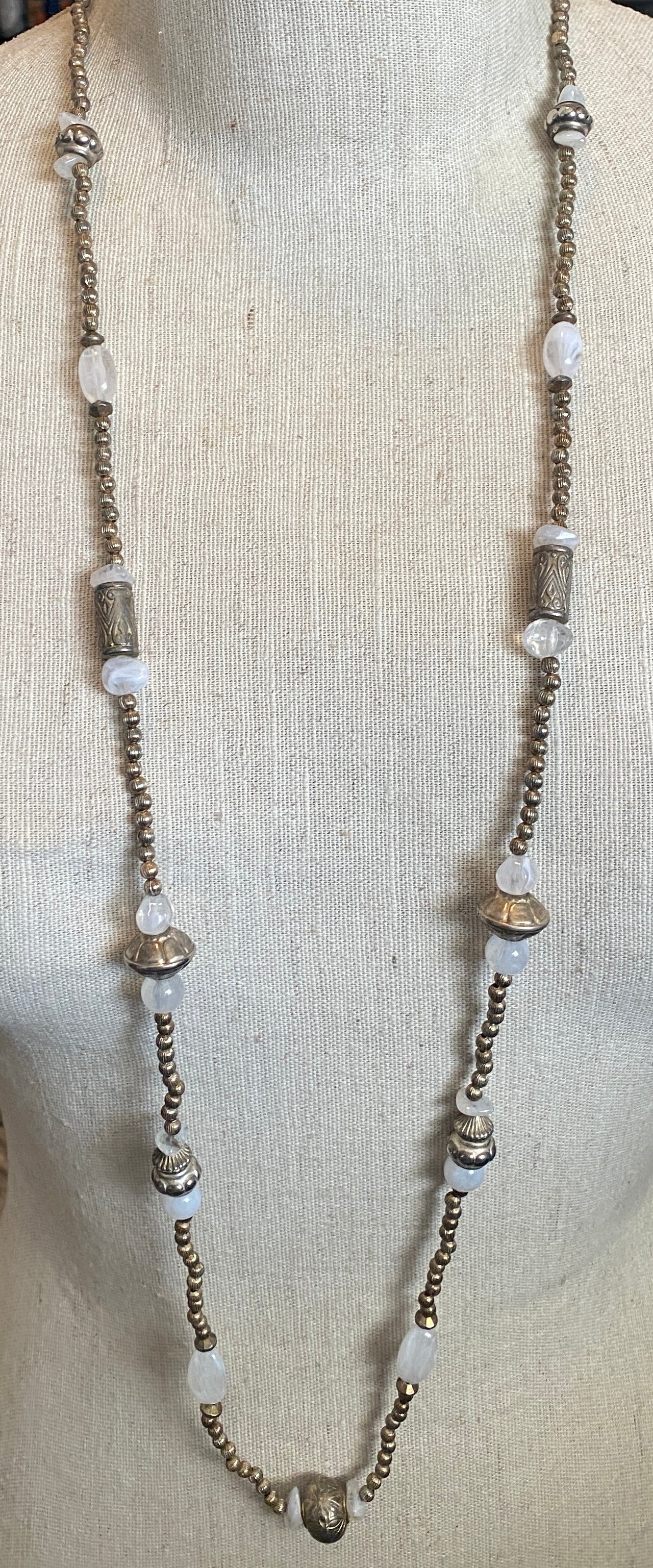 Vintage Silver Plate Bead Rose Quartz 40" Long Necklace