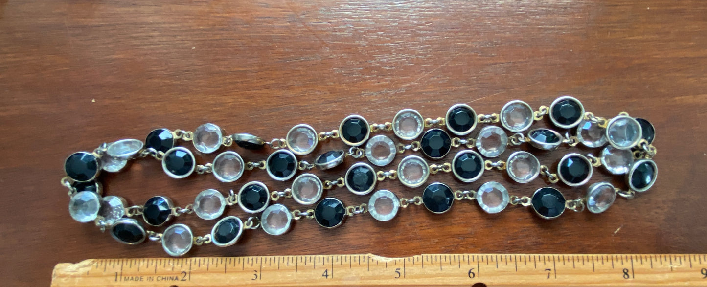 Vintage Silver Tone Metal Black Clear Open Bezel Long Chain Necklace