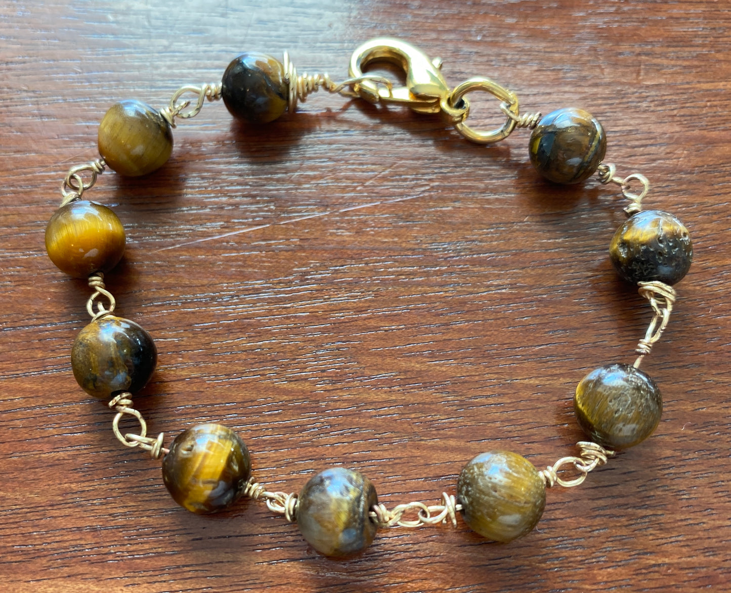 Vintage Tigers Eye Ball Bead Gold Tone Chain Link Bracelet