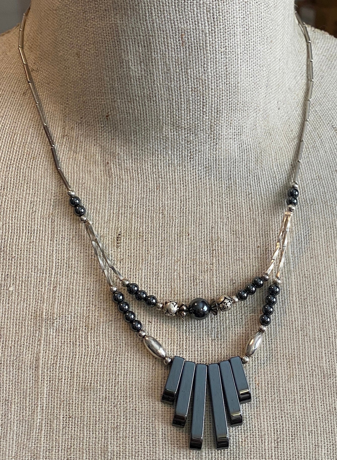 Hematite Silver Plate Bead Flower Collar Necklace