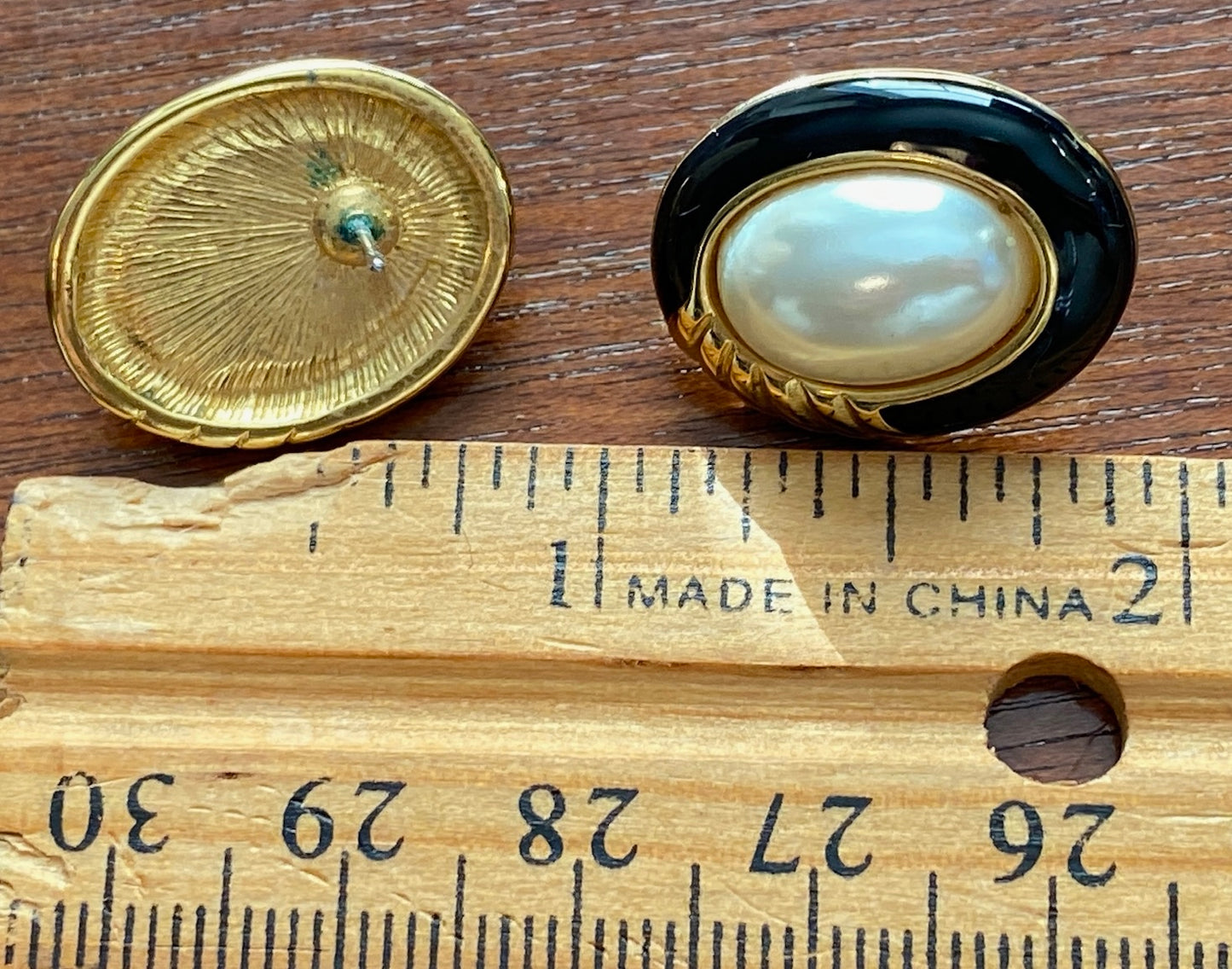 Vintage Gold Tone Black Enamel Faux Pearl Cabochon Pierced Earrings