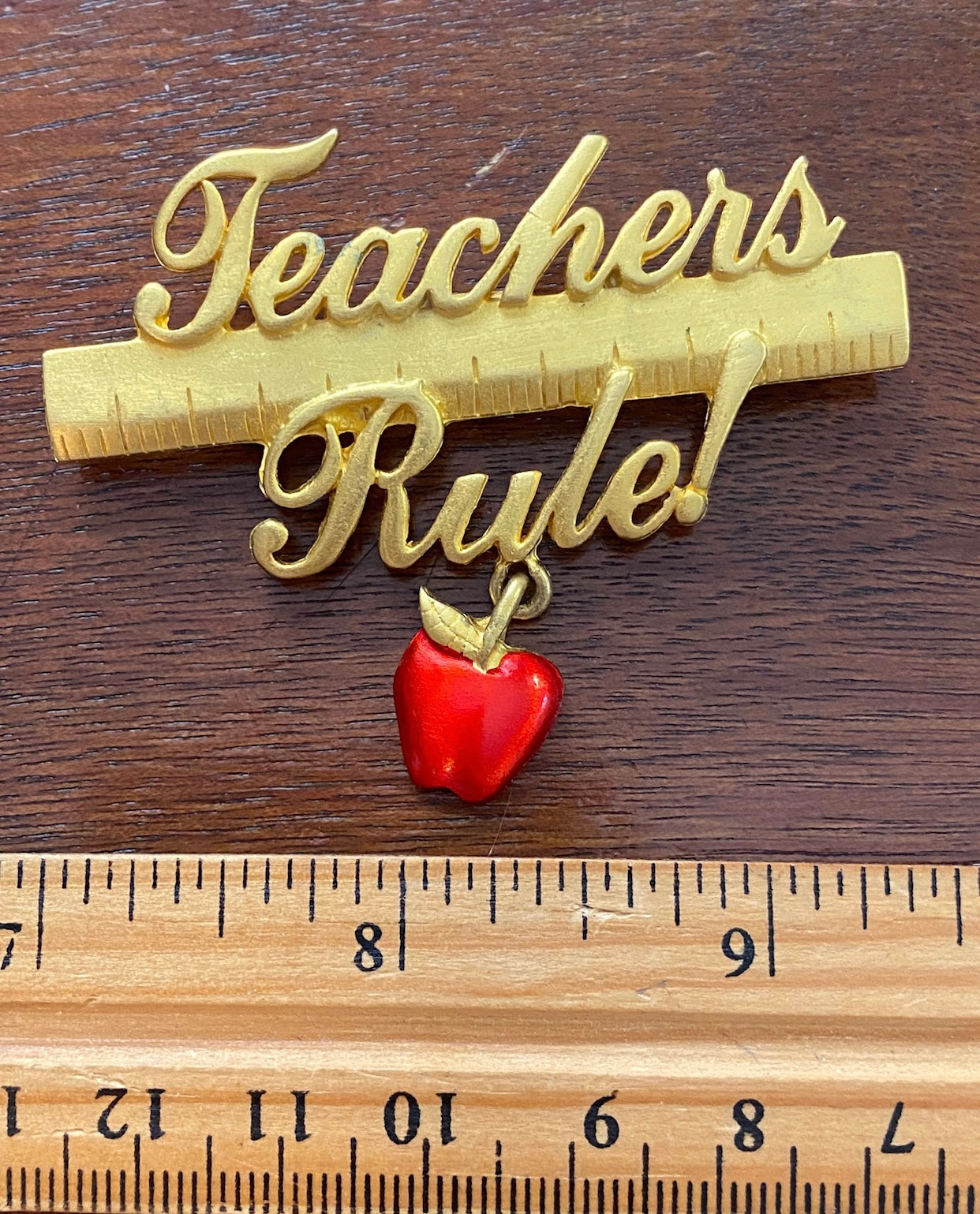 Vintage Signed JJ Teachers Rule School Apple Ruler Gold Tone Brooch Pin