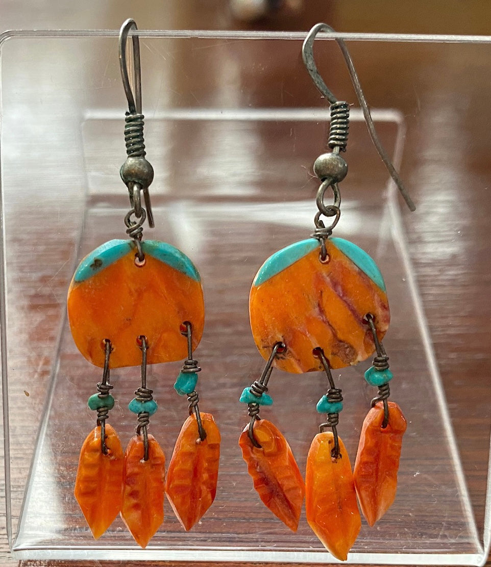 Carved Feather Spiny Oyster Turquoise Drop Dangly Earrings Native American
