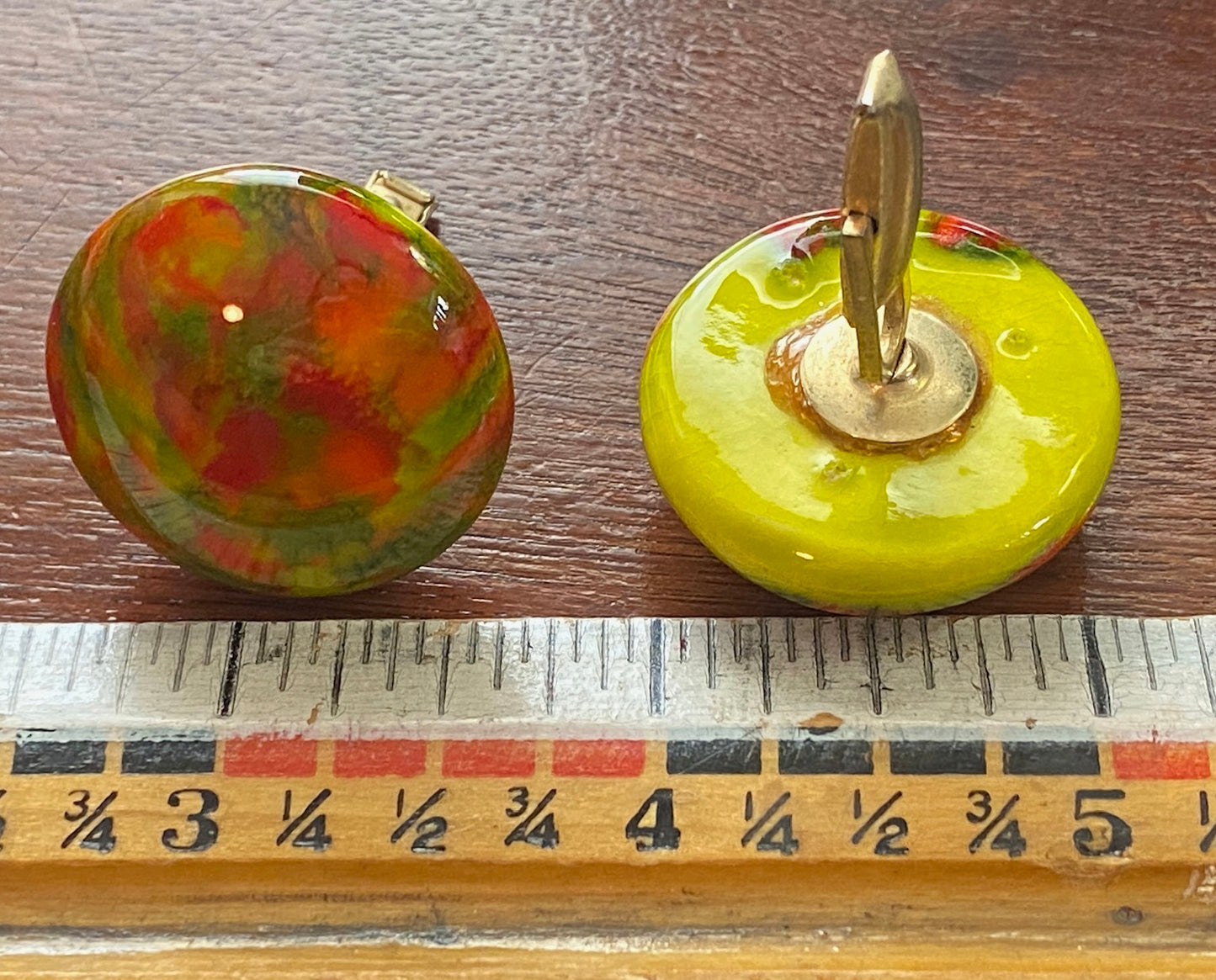 Vintage LARGE Art Glass Retro 60's 70's Cuff Links Green Orange