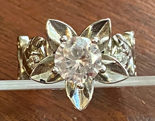 Sterling Silver Round CZ Solitaire Cocktail Flower Ring Sz 6.75