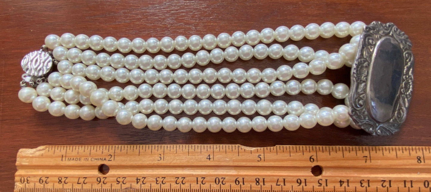 Designer MFX Sterling Silver 925 Multistrand Faux Pearl Choker Necklace