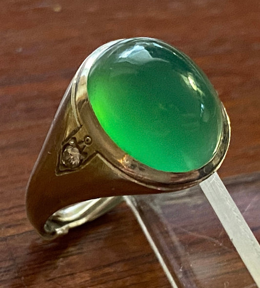 Vintage 14k White Gold Green Chalcedony Diamond Cabochon Ring Sz 5