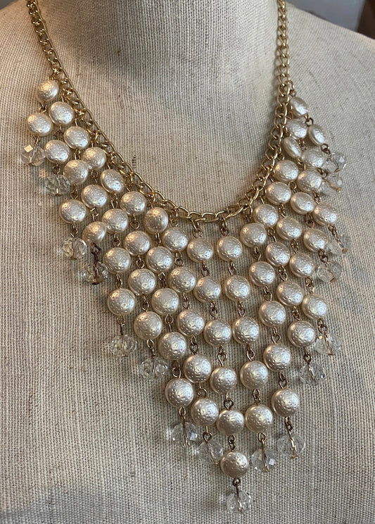 Gold Tone Metal Faux Pearl Bead Bib Collar Statement Necklace