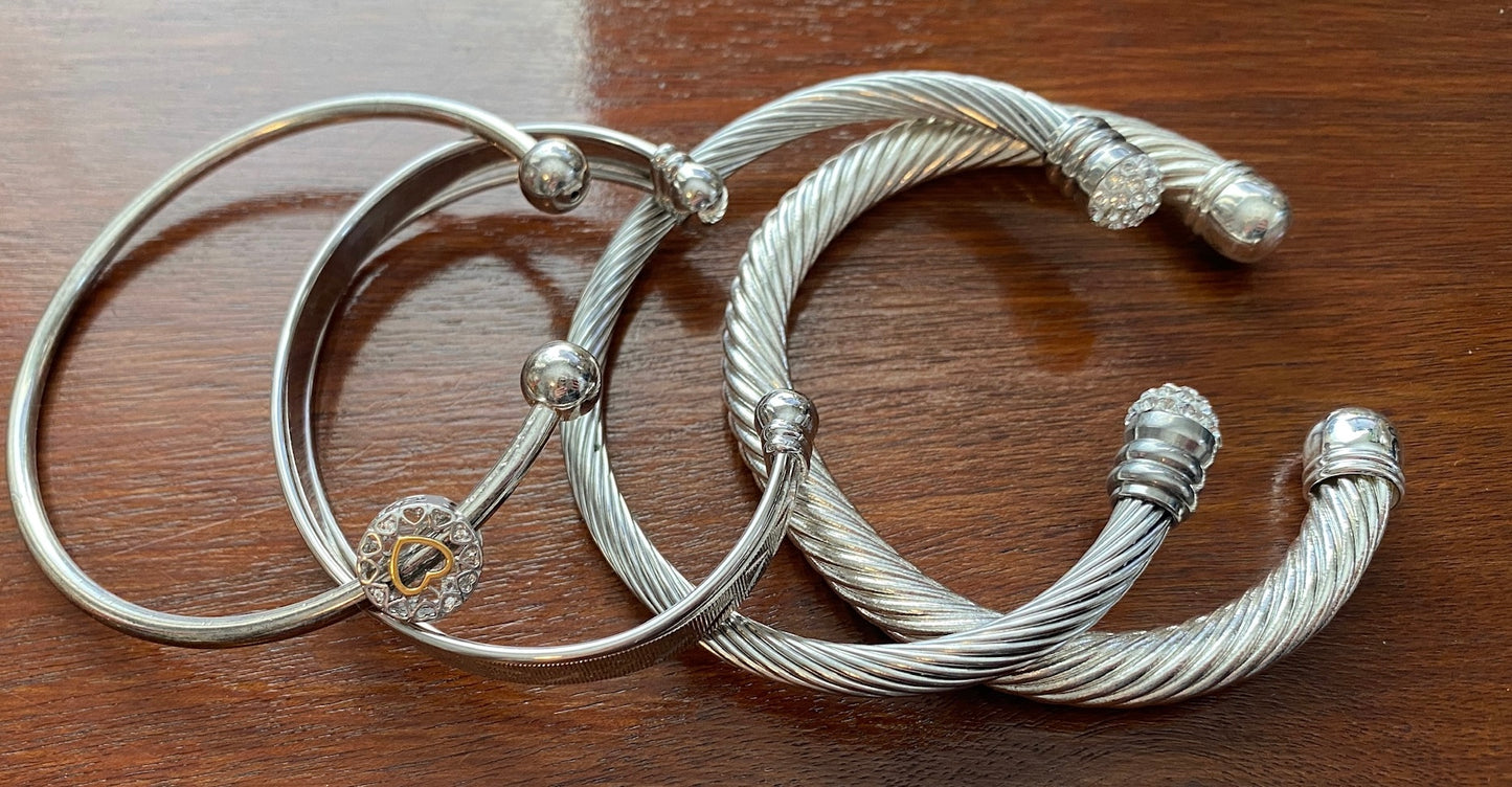 Lot of Silver Tone Cuff Bracelets Twisted Cable Heart Chevron Rhinestone