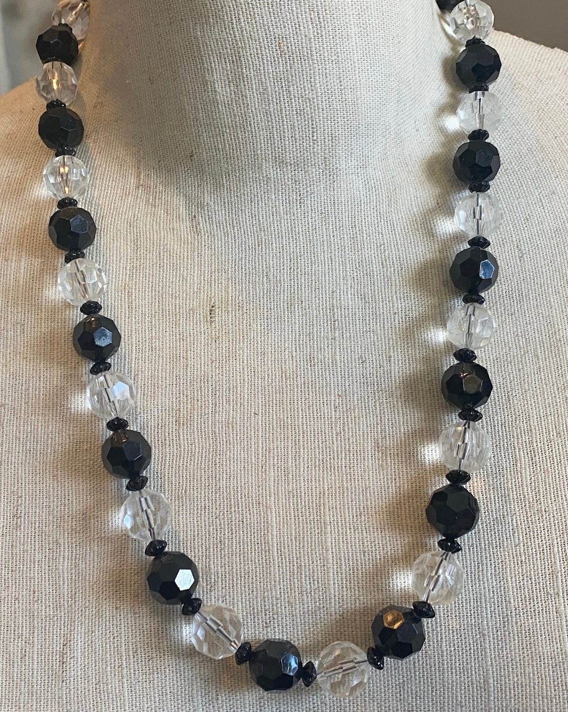 Vintage Style Large Faceted Bead Black Clear Necklace